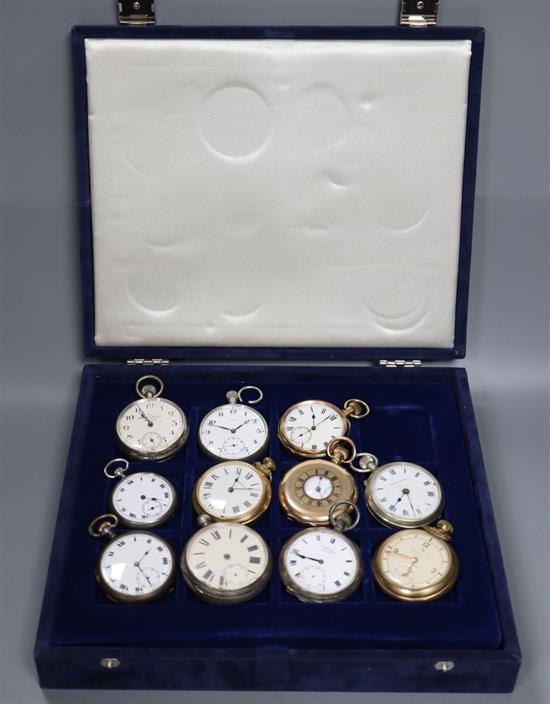 A group of assorted fob and pocket watches including silver and base metal.